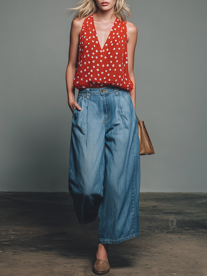 Women's Linen Blend V-Neck Top and Wide Leg Denim Trousers Set