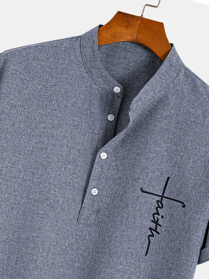 Men Henley Linen Shirt Casual Short Sleeve Cross Graphic Tee