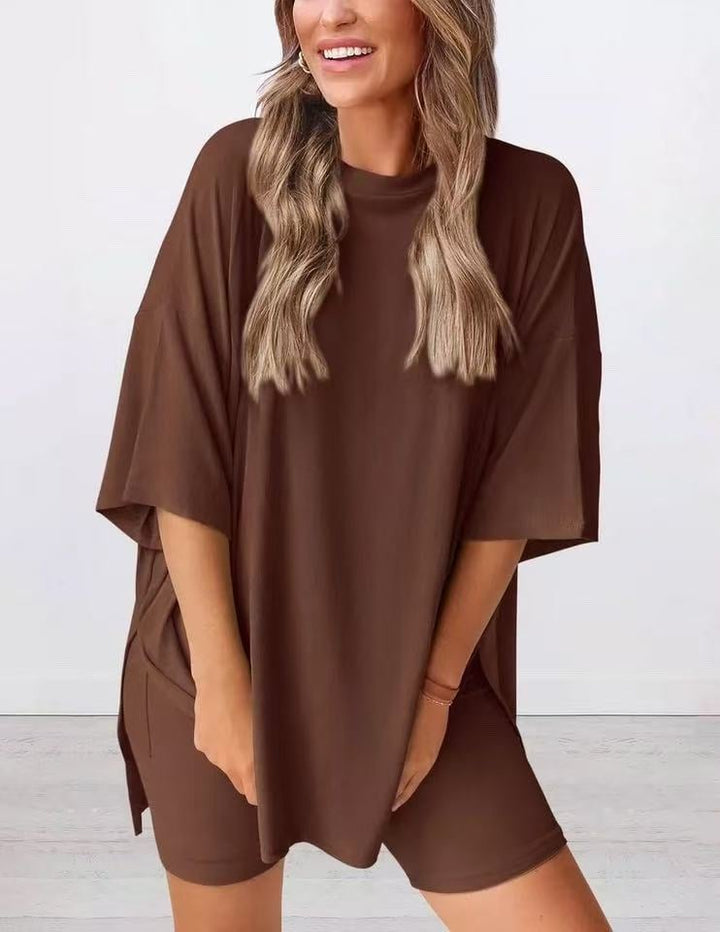 Women's Two Piece Knit Oversized T-Shirt and Shorts Co-ord