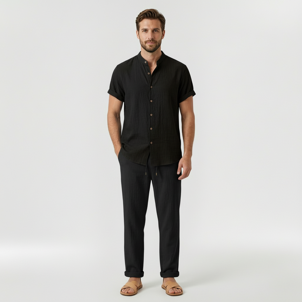 Men's Linen Casual Short Sleeve Shirt and Trousers 2 Piece Set