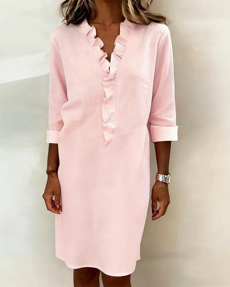 Women's Linen Dress Casual V Neck Tunic Shift Long Sleeve Shirt
