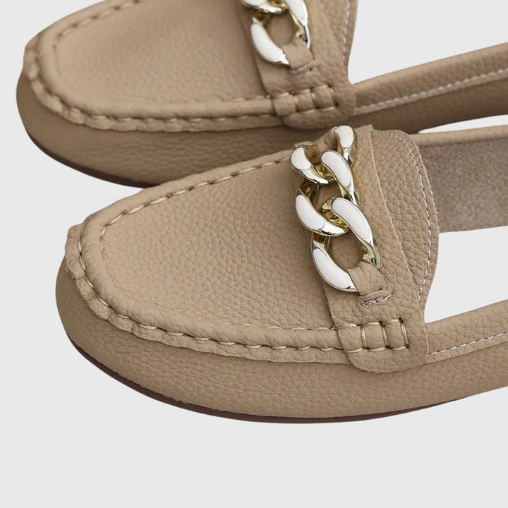 Women's Leather Loafers Chain Flat Shoes Moccasins Slips On