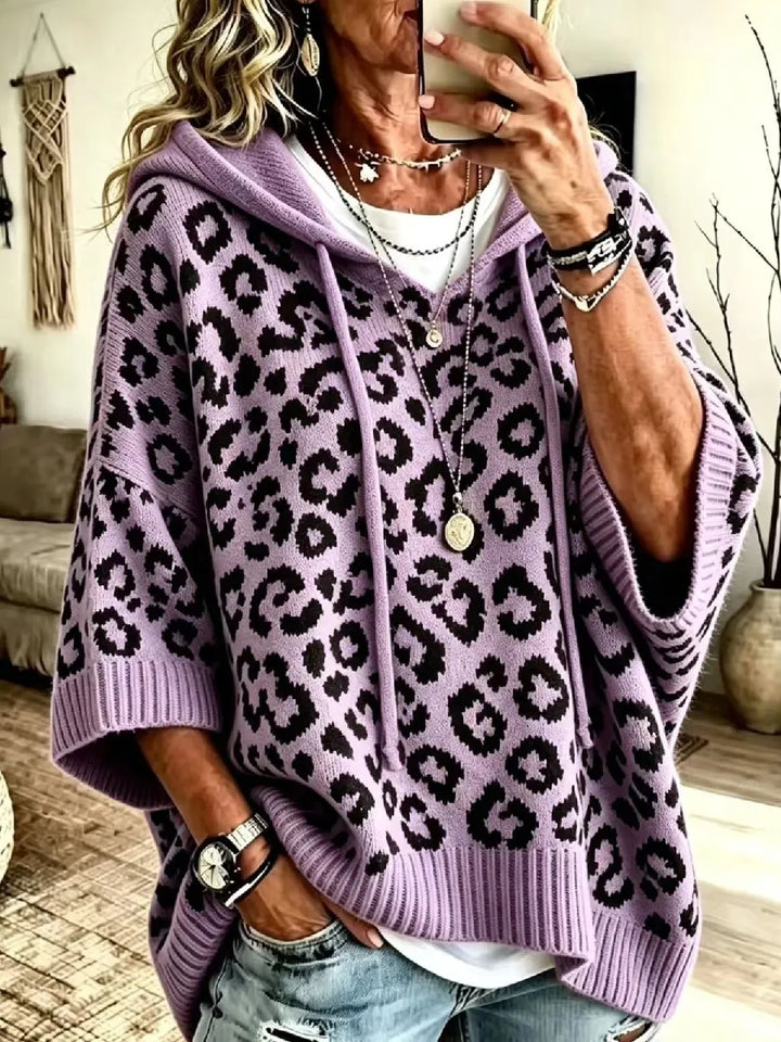 Women's Hooded Leopard Print Knit Poncho Sweater Pullover Jumper
