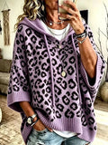 Women's Hooded Leopard Print Knit Poncho Sweater Pullover Jumper