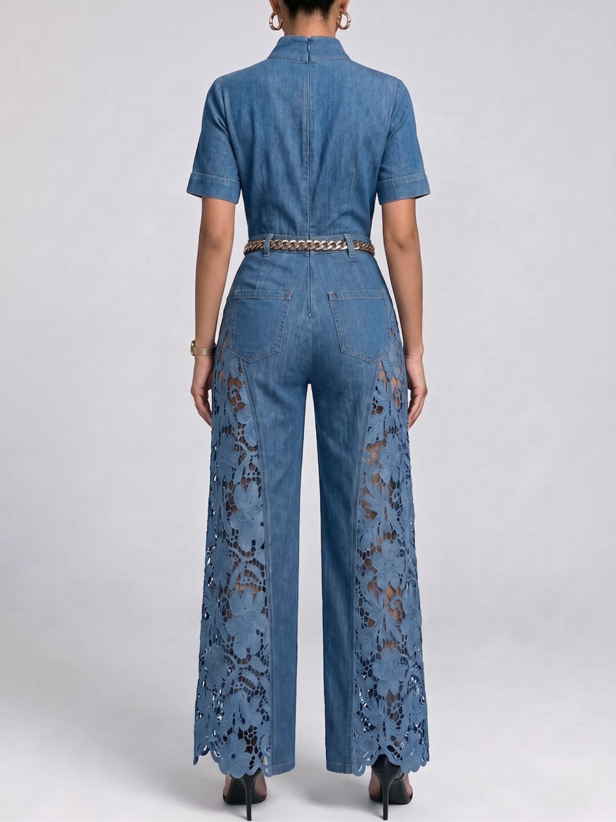 Women's Denim Wide Leg Lace Inset Jumpsuit