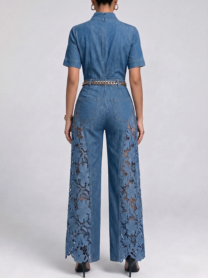 Women's Denim Wide Leg Lace Inset Jumpsuit