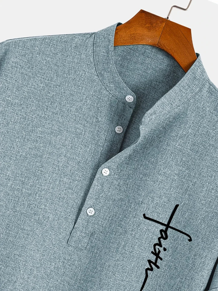 Men Henley Linen Shirt Casual Short Sleeve Cross Graphic Tee