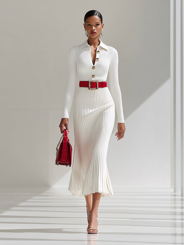 Women’s Wool-Blend Collared Belted Maxi Dress