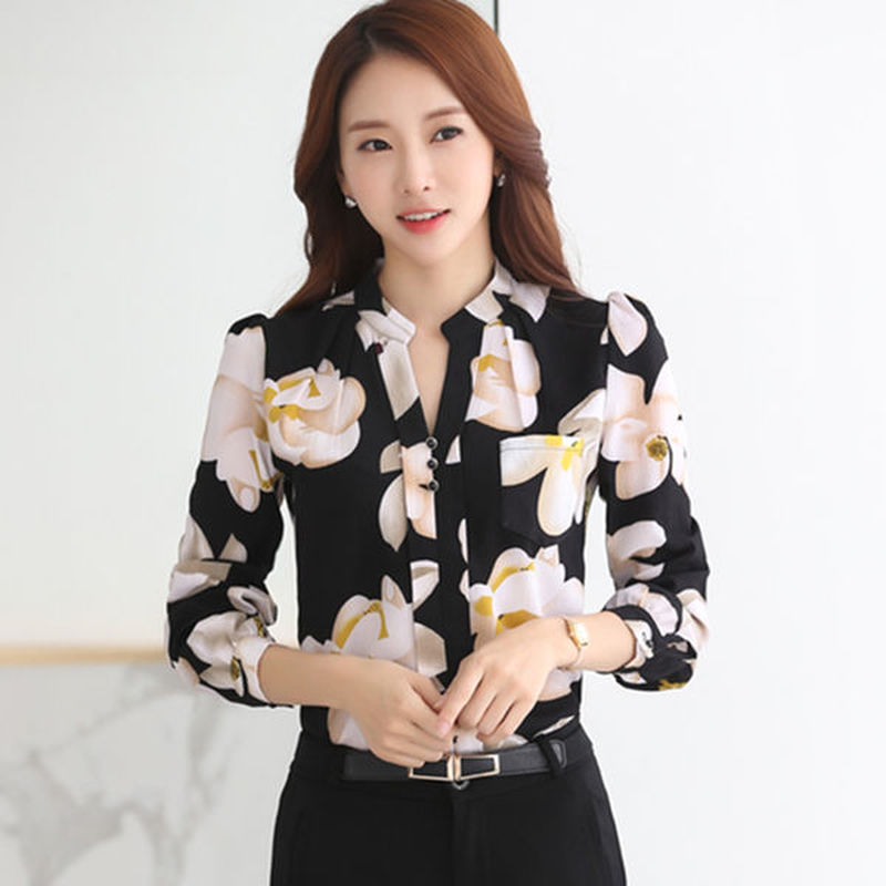 Women's Floral Chiffon Blouse Long Sleeve V Neck Work Top Shirt