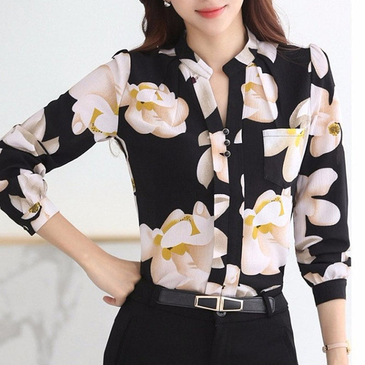 Women's Floral Chiffon Blouse Long Sleeve V Neck Work Top Shirt
