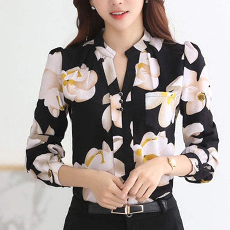Women's Floral Chiffon Blouse Long Sleeve V Neck Work Top Shirt