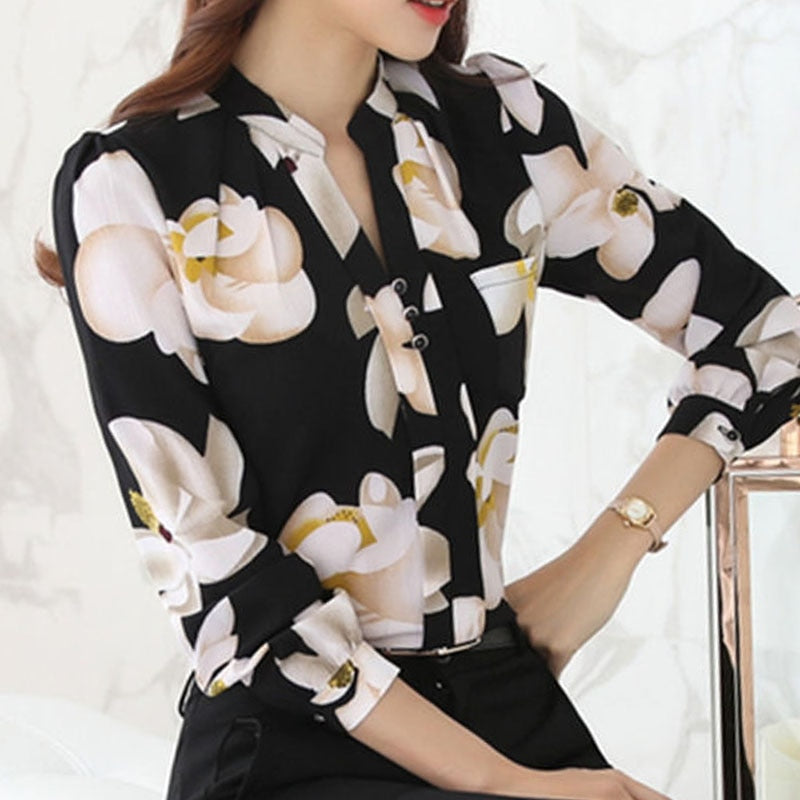 Women's Floral Chiffon Blouse Long Sleeve V Neck Work Top Shirt