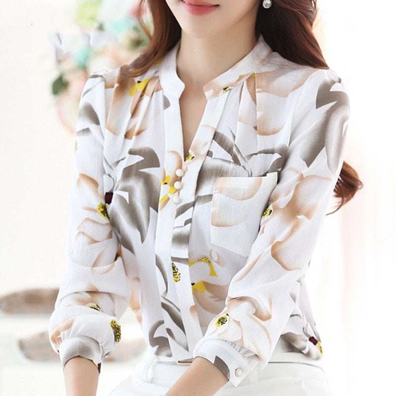 Women's Floral Chiffon Blouse Long Sleeve V Neck Work Top Shirt
