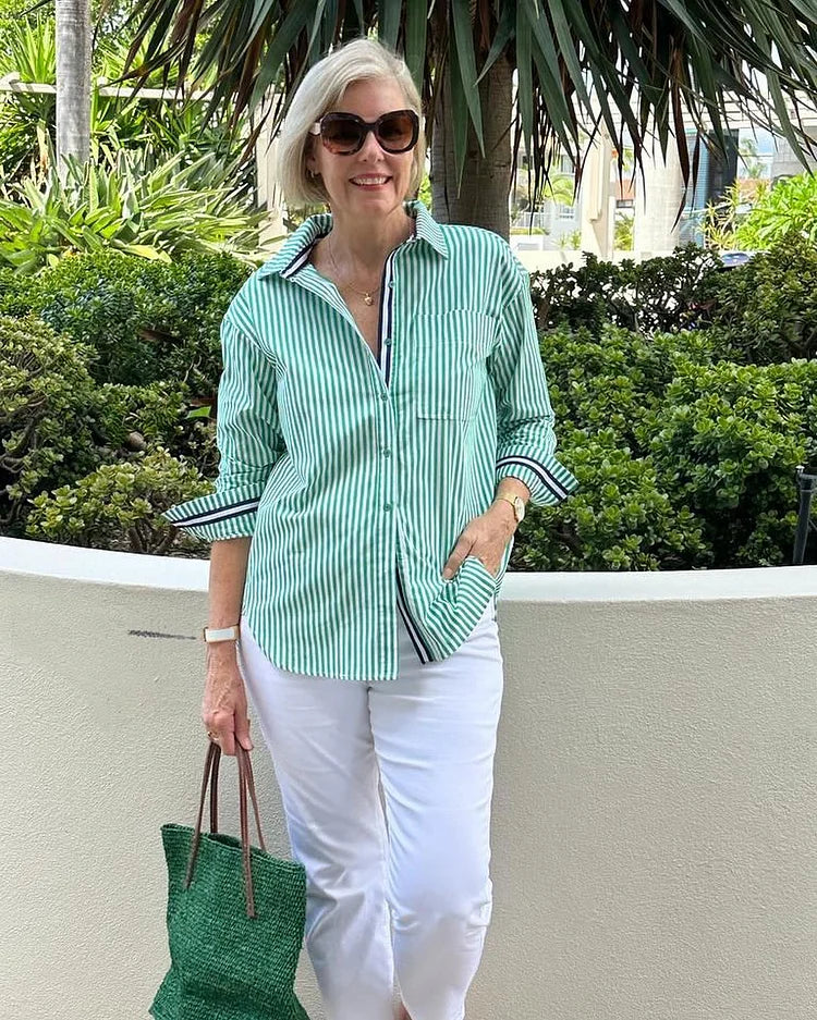 Linen Shirt for Women Button Up Striped Lightweight Blouse
