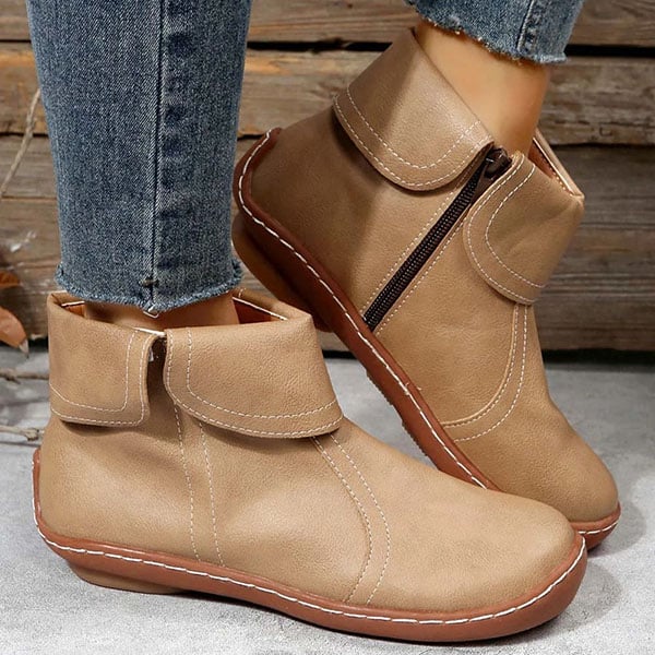 Women's Leather Ankle Boots Slip-On Comfort Shoes with Side Zipper
