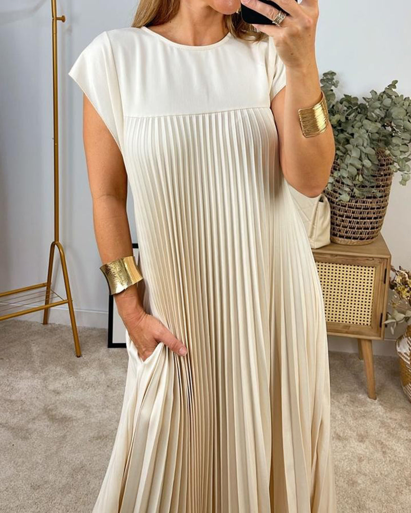 Women's Pleated Linen Maxi Dress Casual Sundress Loose Fit