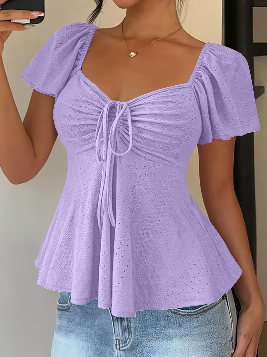 Γυναικεία πλεκτή μπλούζα peplum από μείγμα υλικών, με φουσκωτά κοντά μανίκια