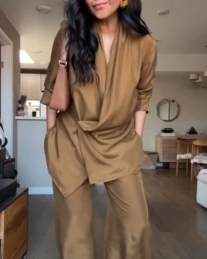 Women's Linen Tailored Two Piece Shirt and Wide-Leg Trouser Set