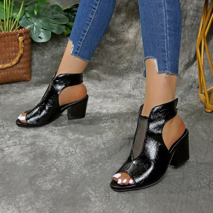 Women's Leather Open Toe Block Heel Mules