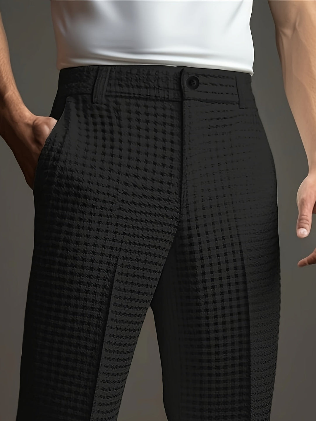 Pantalon habillé plissé pour homme, en maille gaufrée et coupe ajustée