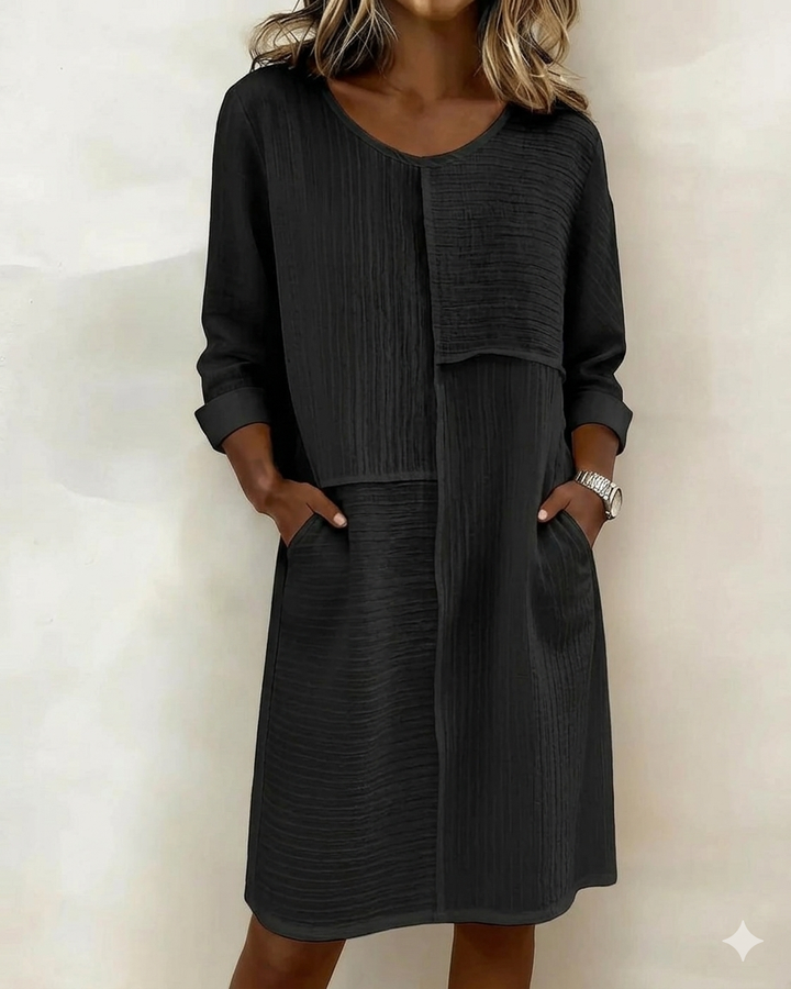 Women’s Linen Round-Neck Long-Sleeve Mini Shift Dress