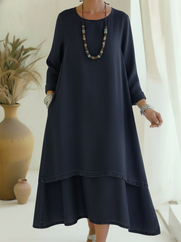 Women's Denim Layered Long Sleeve Maxi Dress