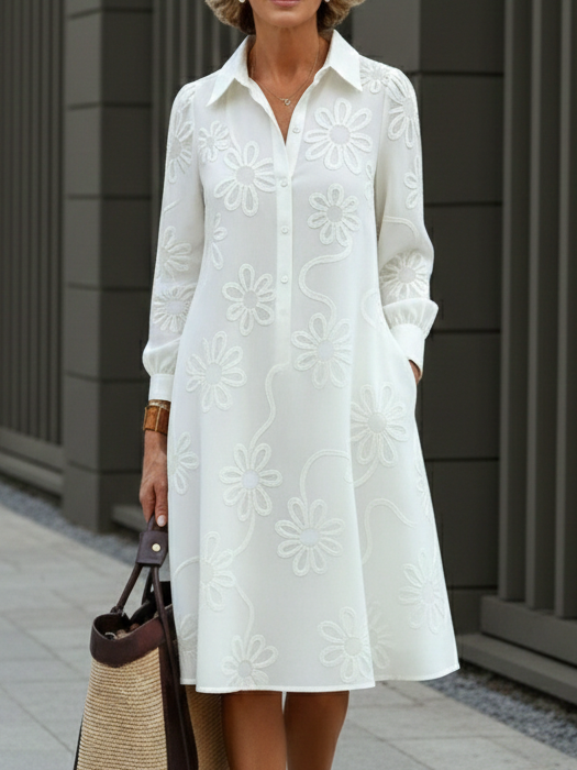 Women's Linen Blend Long Sleeve Embroidered Shirt Dress