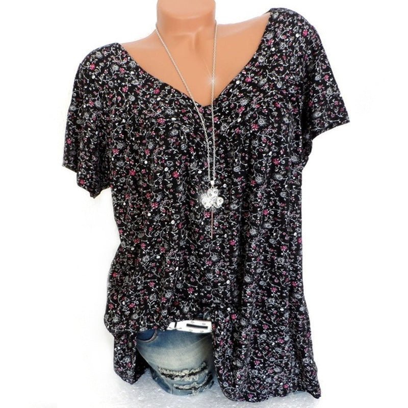 Women’s Linen Printed V-Neck Short-Sleeve Blouse