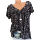 Women’s Linen Printed V-Neck Short-Sleeve Blouse