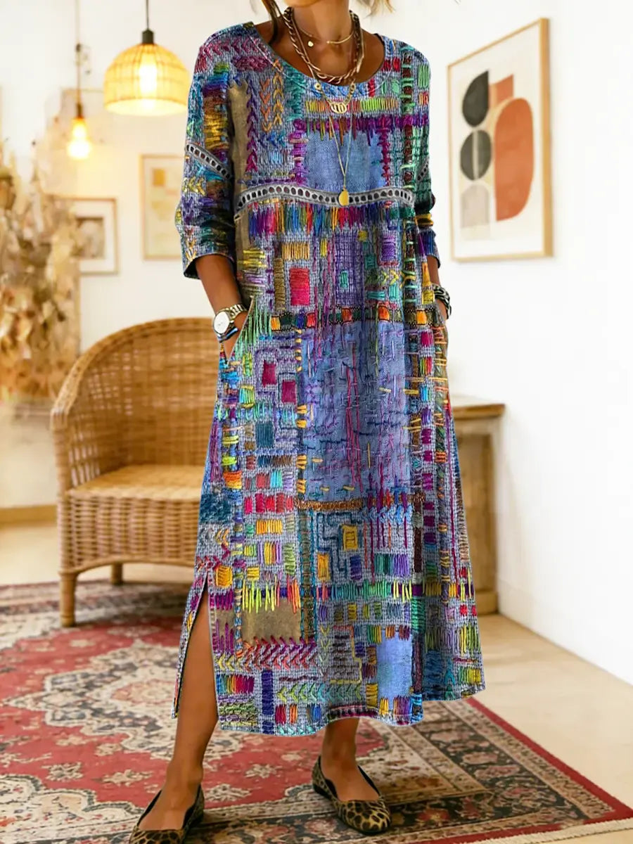 Women's Linen Blend Geometric Print Round Neck Long-Sleeve Midi Dress
