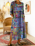 Women's Linen Blend Geometric Print Round Neck Long-Sleeve Midi Dress