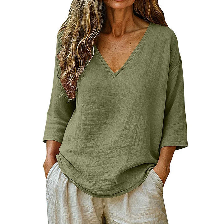 Women's V-Neck Linen Blouse Long Sleeve Top