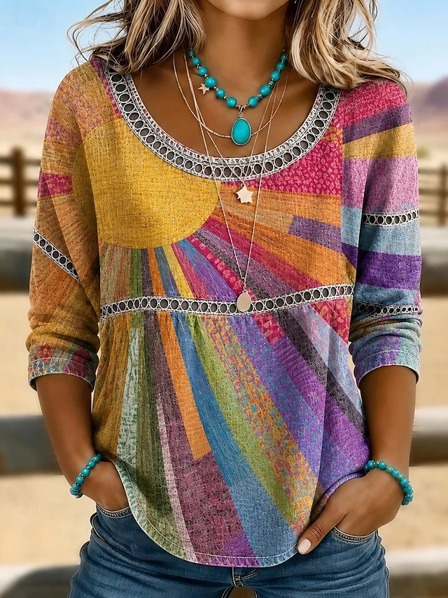 Dámská boho lněná halenka s 3/4 rukávy a potiskem