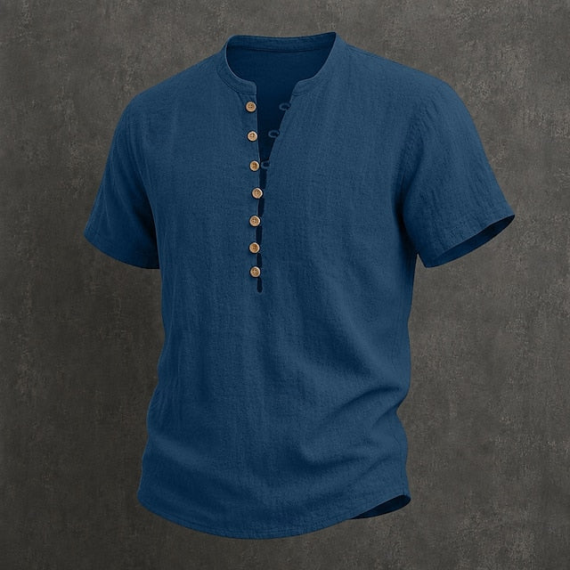 Men's Henley Shirt Linen Casual Short Sleeve Breathable Tops