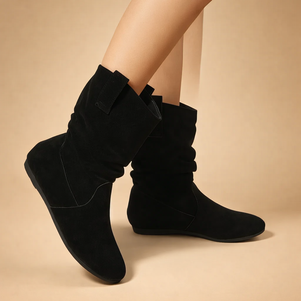 Women's Suede Slouch Ankle Boots Flat Mid Calf Pull On Shoes