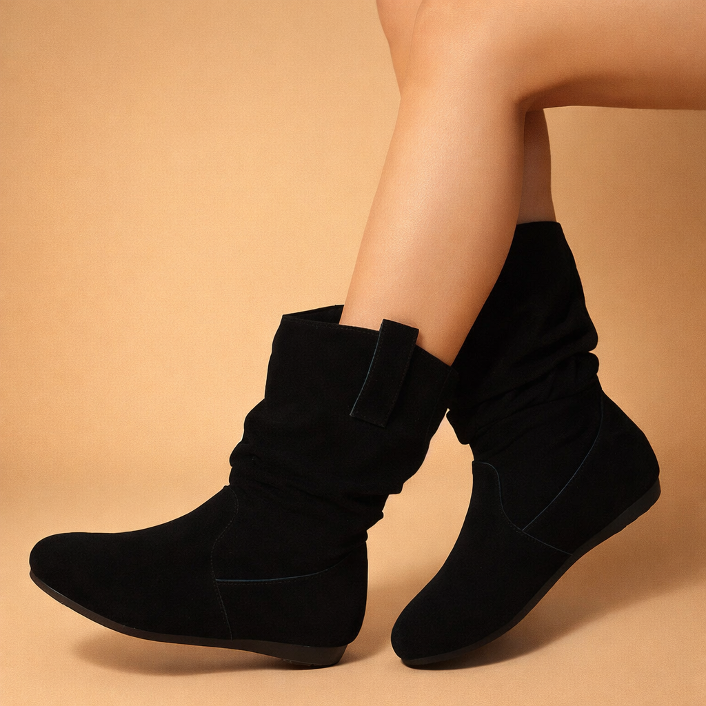 Women's Suede Slouch Ankle Boots Flat Mid Calf Pull On Shoes