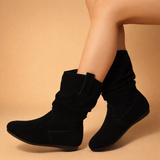 Women's Suede Slouch Ankle Boots Flat Mid Calf Pull On Shoes