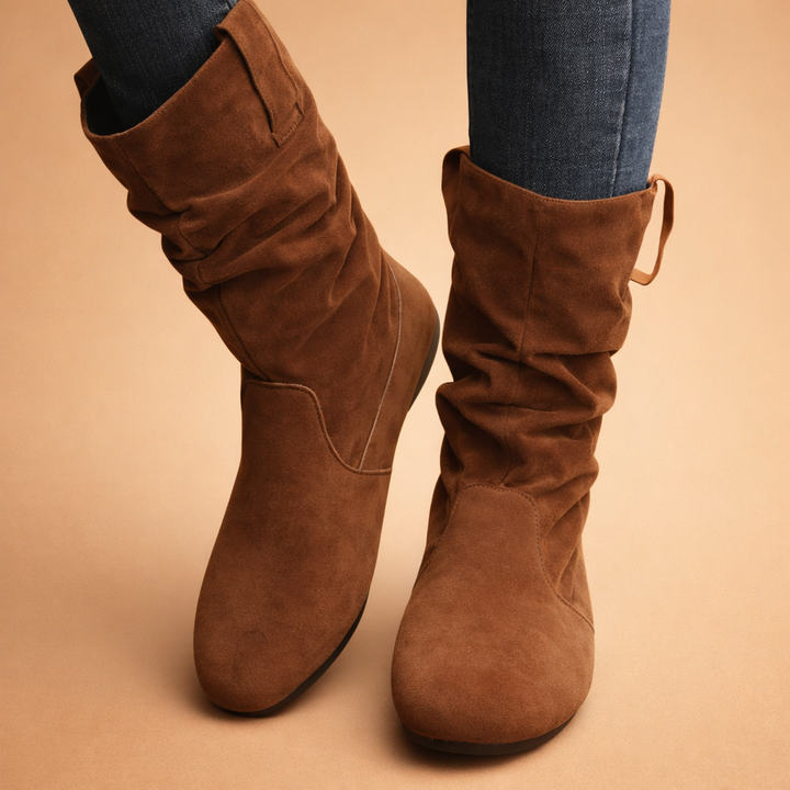 Women's Suede Slouch Ankle Boots Flat Mid Calf Pull On Shoes