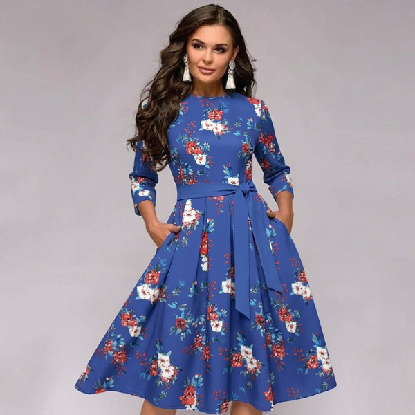 Damska satynowa sukienka midi w kwiaty z rękawem 3/4 w stylu vintage