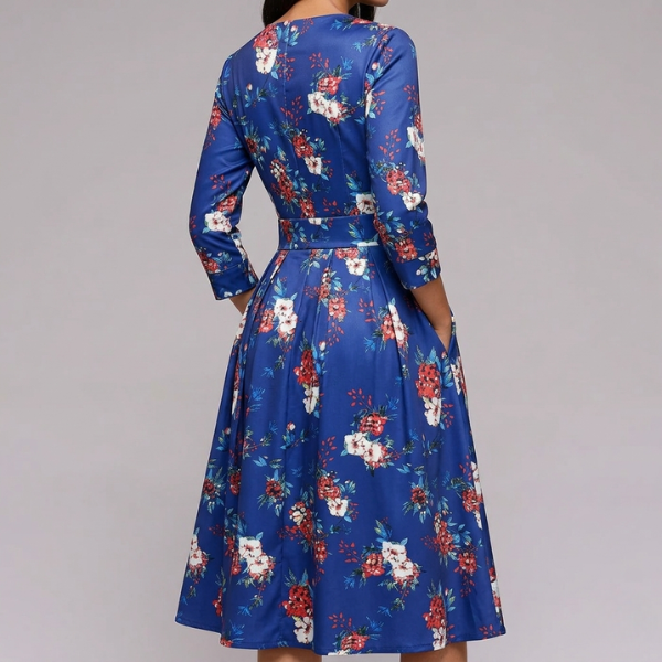 Damska satynowa sukienka midi w kwiaty z rękawem 3/4 w stylu vintage