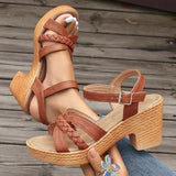 Women's Faux Leather Platform Heeled Sandals Braided Strap Buckle Wedge Shoes