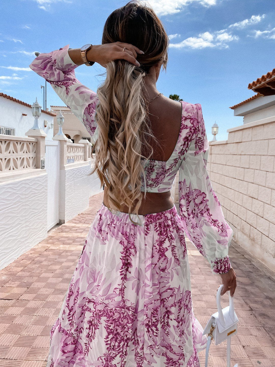Women's Printed Long Sleeve Cut Out Chiffon Maxi Dress