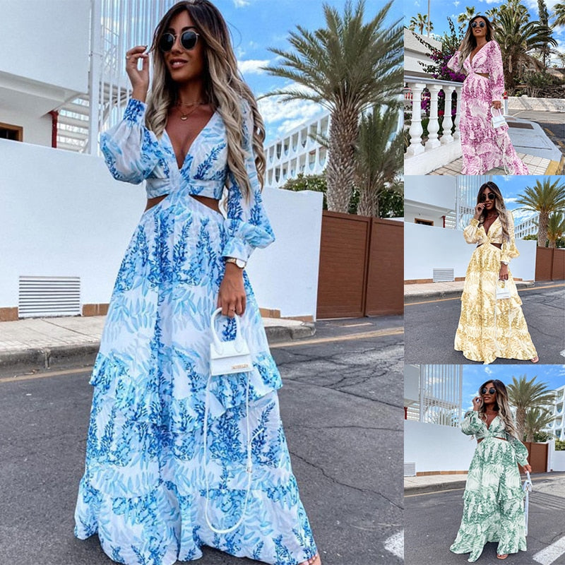 Women's Printed Long Sleeve Cut Out Chiffon Maxi Dress