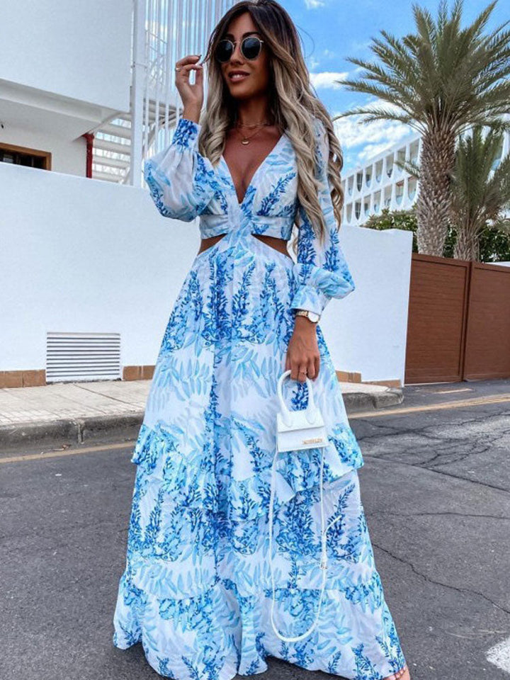 Women's Printed Long Sleeve Cut Out Chiffon Maxi Dress