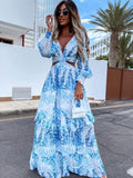 Women's Printed Long Sleeve Cut Out Chiffon Maxi Dress