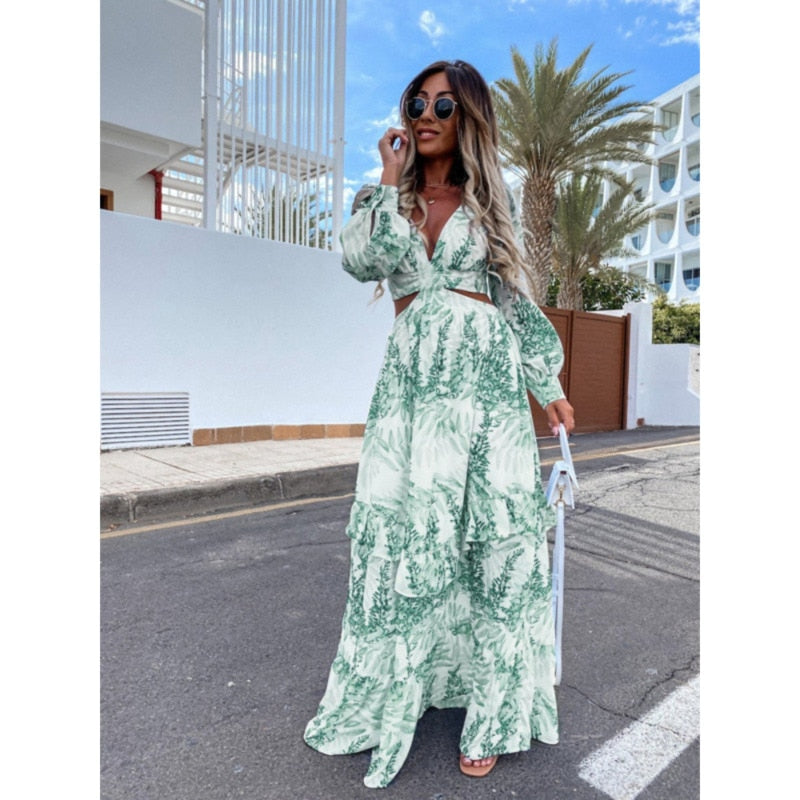 Women's Printed Long Sleeve Cut Out Chiffon Maxi Dress