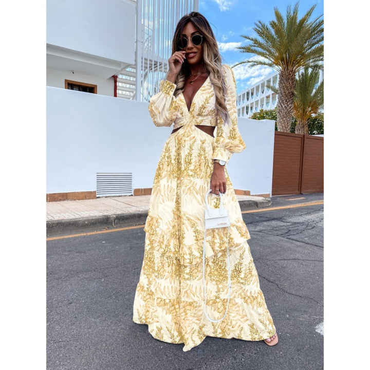 Women's Printed Long Sleeve Cut Out Chiffon Maxi Dress
