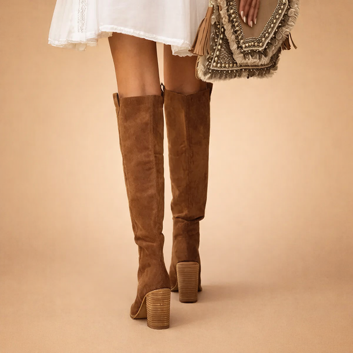 Women's Faux Suede Stacked Block Heel Tall Knee-High Boots