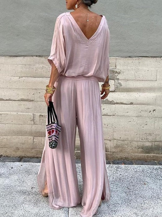 Women's Jumpsuit Chiffon Wide Leg V Neck Loose Set Long Romper