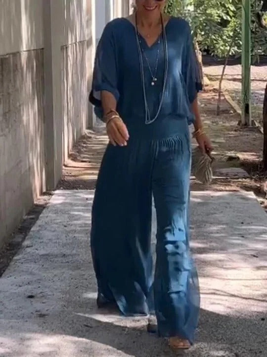 Women's Jumpsuit Chiffon Wide Leg V Neck Loose Set Long Romper